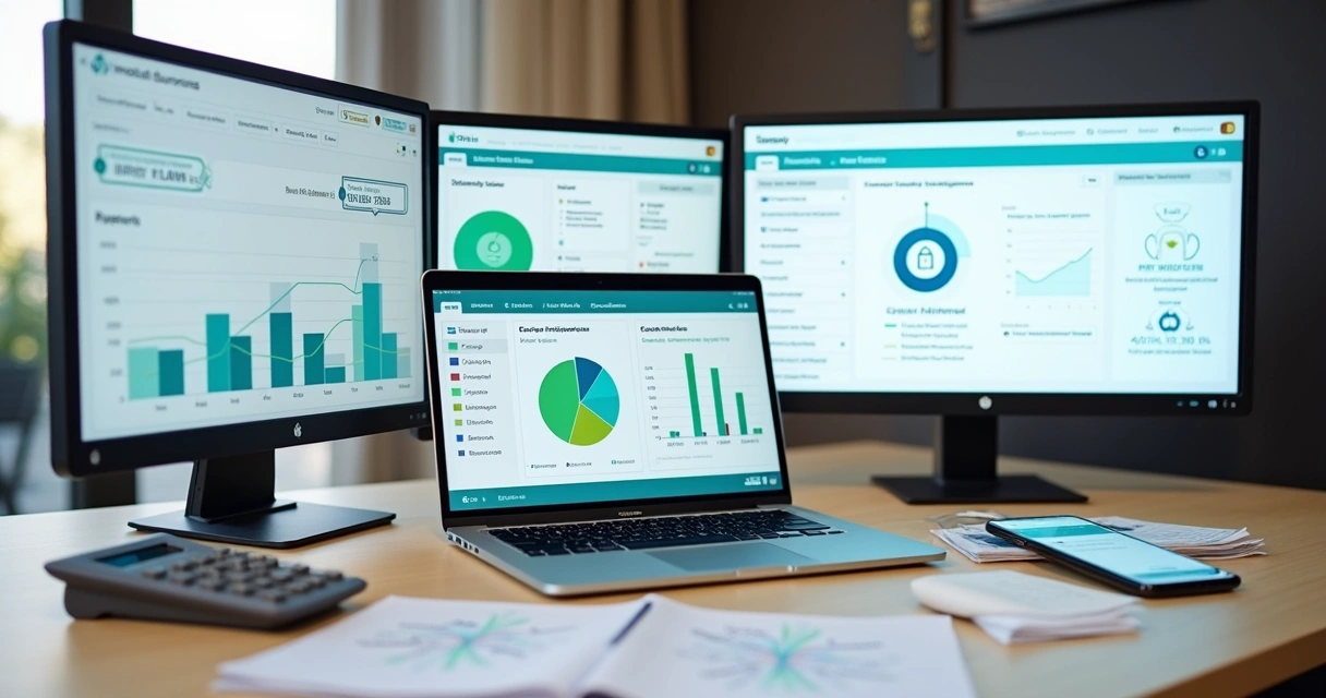 Painel financeiro empresarial com dados em várias telas ao redor de calculadora e documentos 