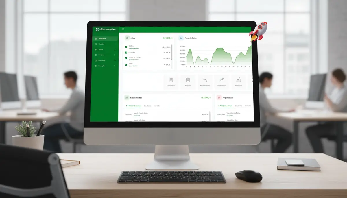 Tela do sistema eRevendedor exibindo dashboard financeiro com saldo e gráfico de fluxo de caixa em ambiente de escritório moderno