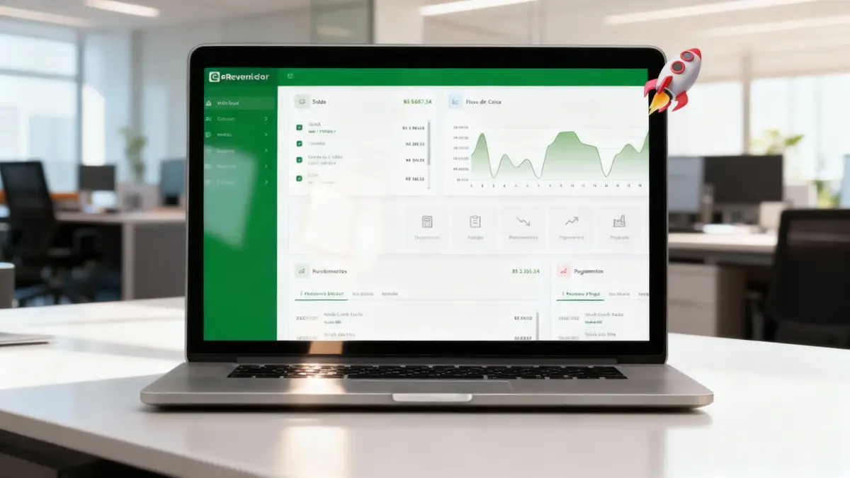 Tela de laptop mostrando dashboard financeiro do sistema eRevendedor com gráficos e relatórios