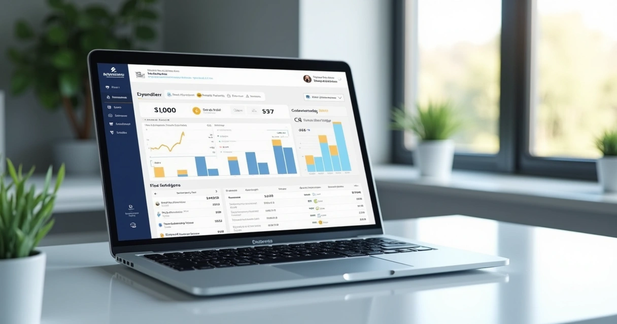 Dashboard financeiro com gráficos e relatórios do sistema eRevendedor em tela de laptop 