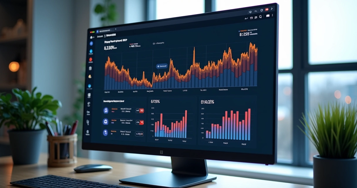 Painel de sistema ERP com gráficos coloridos e relatórios financeiros conectados 