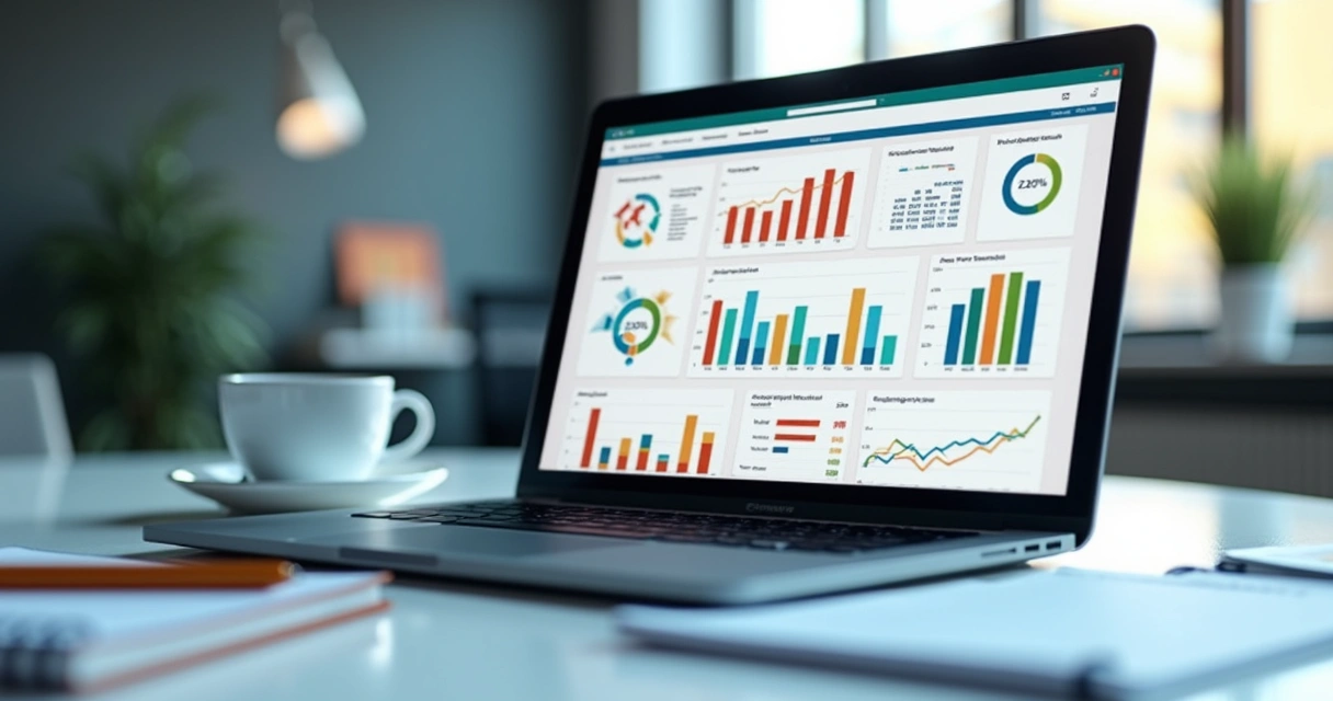 Tela de dashboard financeiro ERP mostrando gráficos e dados em notebook 