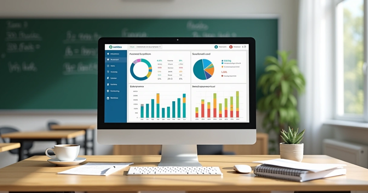 Painel financeiro de uma escola mostrando gráficos de receitas e despesas 