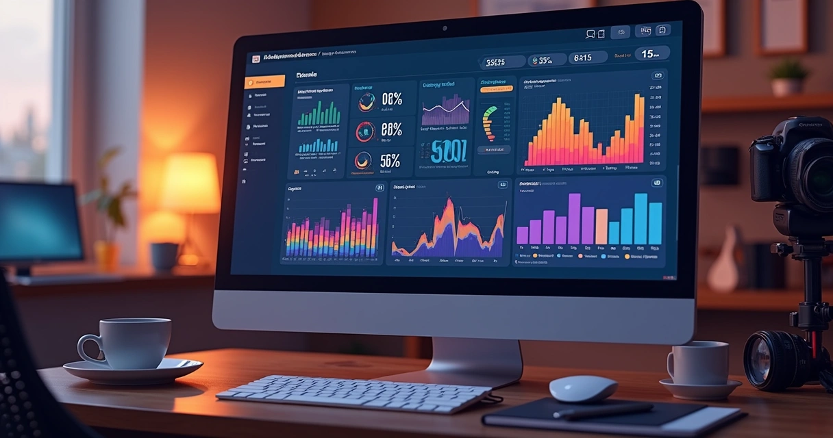 Gráficos financeiros coloridos em dashboard de fotógrafo, laptop na mesa 