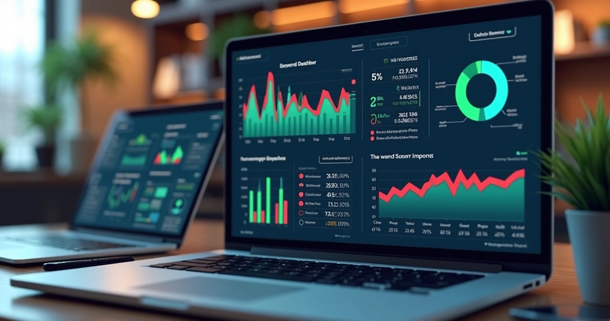 Modelo 3D de dashboard financeiro com gráficos, indicadores e alertas de desempenho 