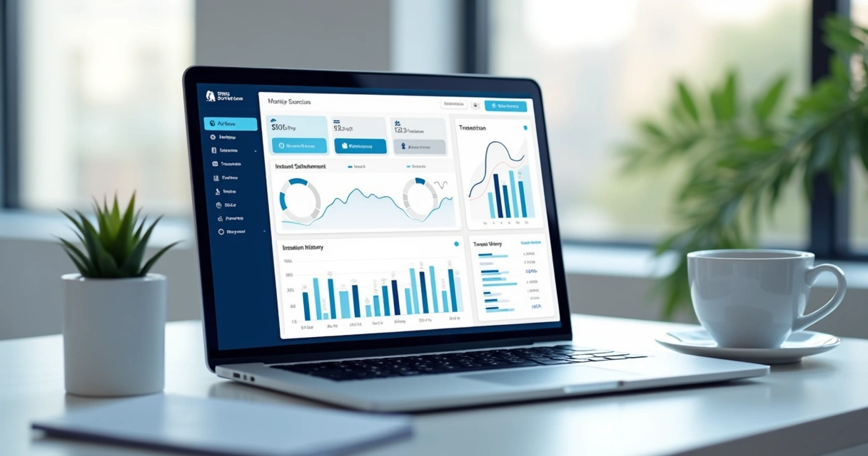 Dashboard de pagamentos multimoedas com gráficos e relatórios em um laptop 