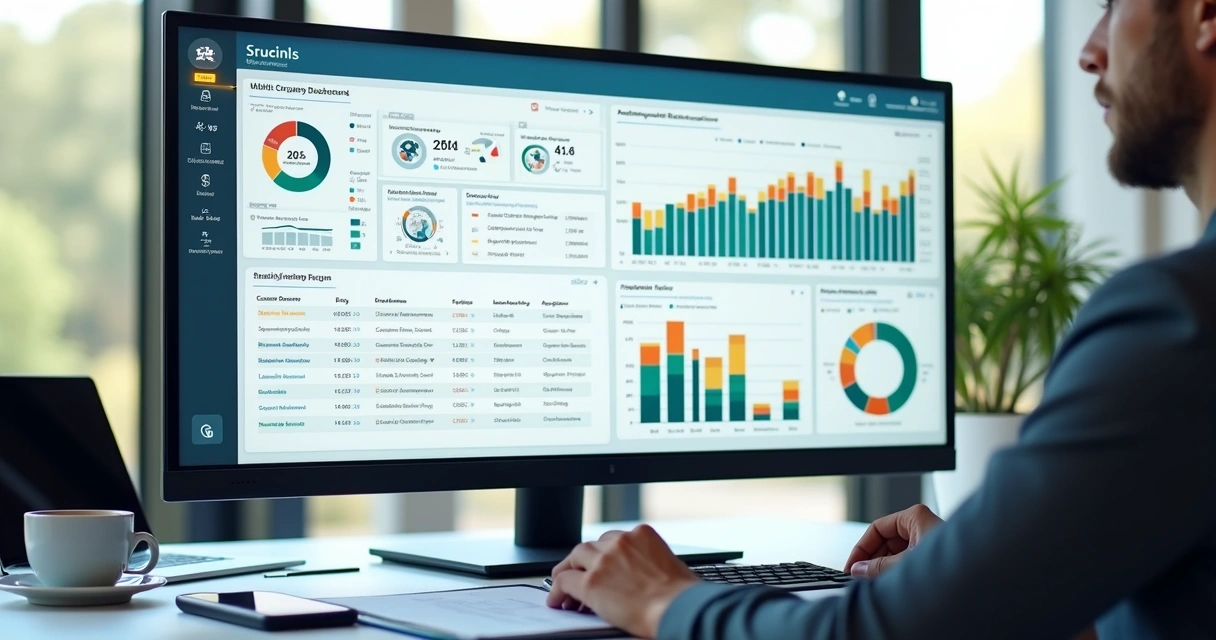 Tela de dashboard financeiro digital mostrando gráficos coloridos, tabelas e KPIs em ambiente corporativo moderno 