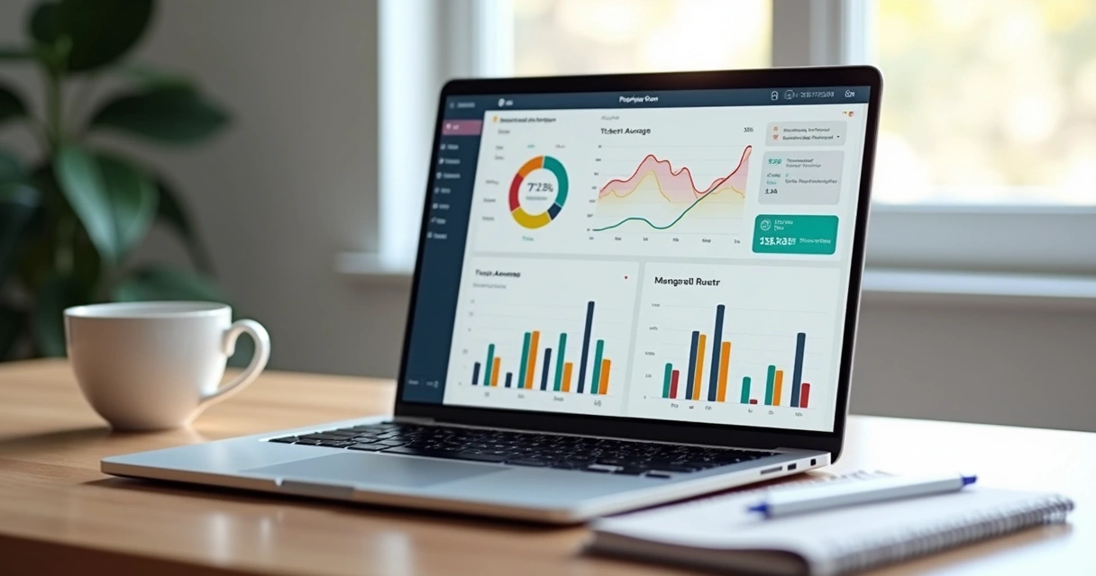 Painel de controle financeiro com gráficos coloridos em tela de notebook 