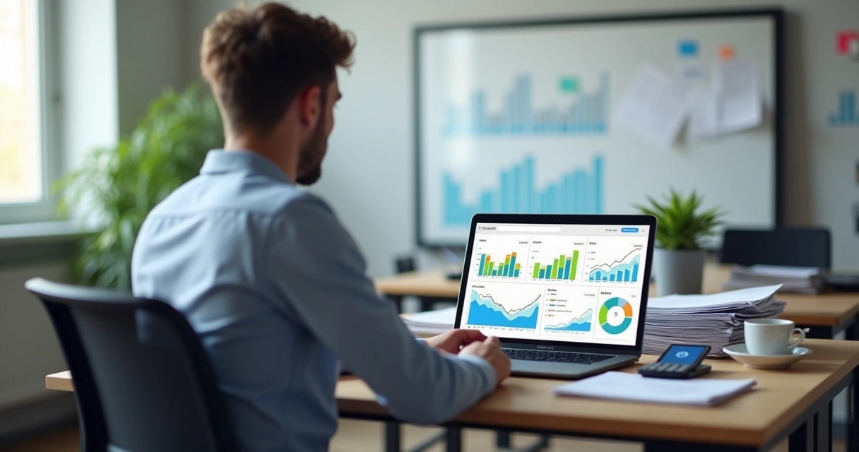 Empresária analisando painel de relatórios financeiros automatizados no notebook 