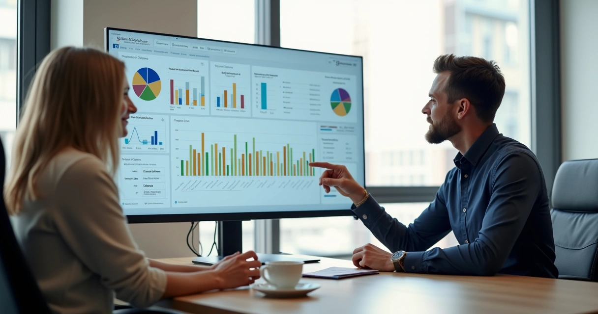 Dashboard financeiro digital sendo apresentado por profissional a um cliente 