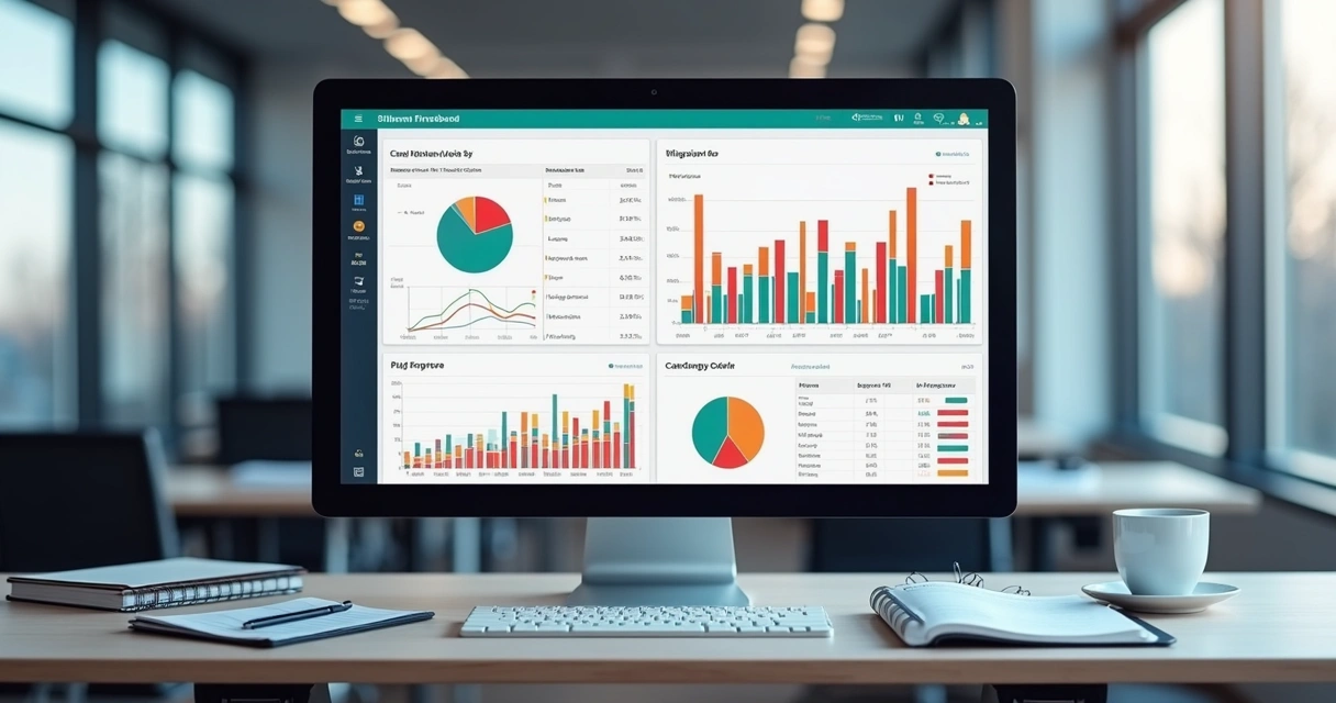Dashboard financeiro detalhado com gráficos de barras, linhas e indicadores em tela de computador 