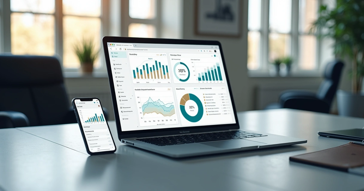 Plataforma de gestão financeira em tela de notebook 