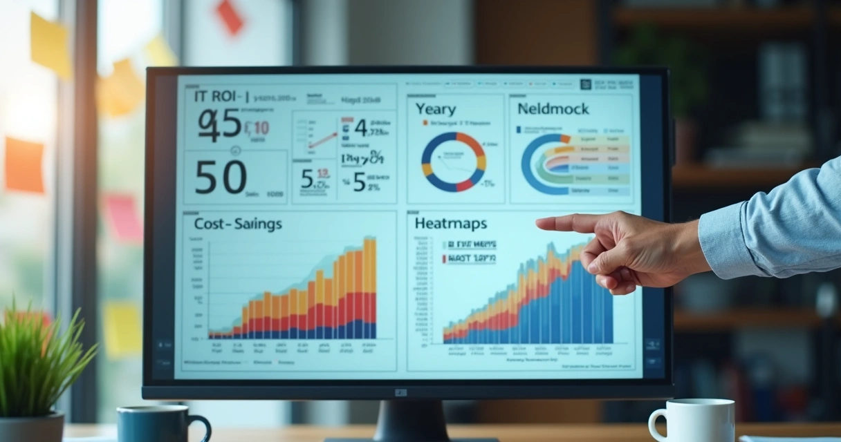Painel financeiro de TI mostrando ROI e economia anual 