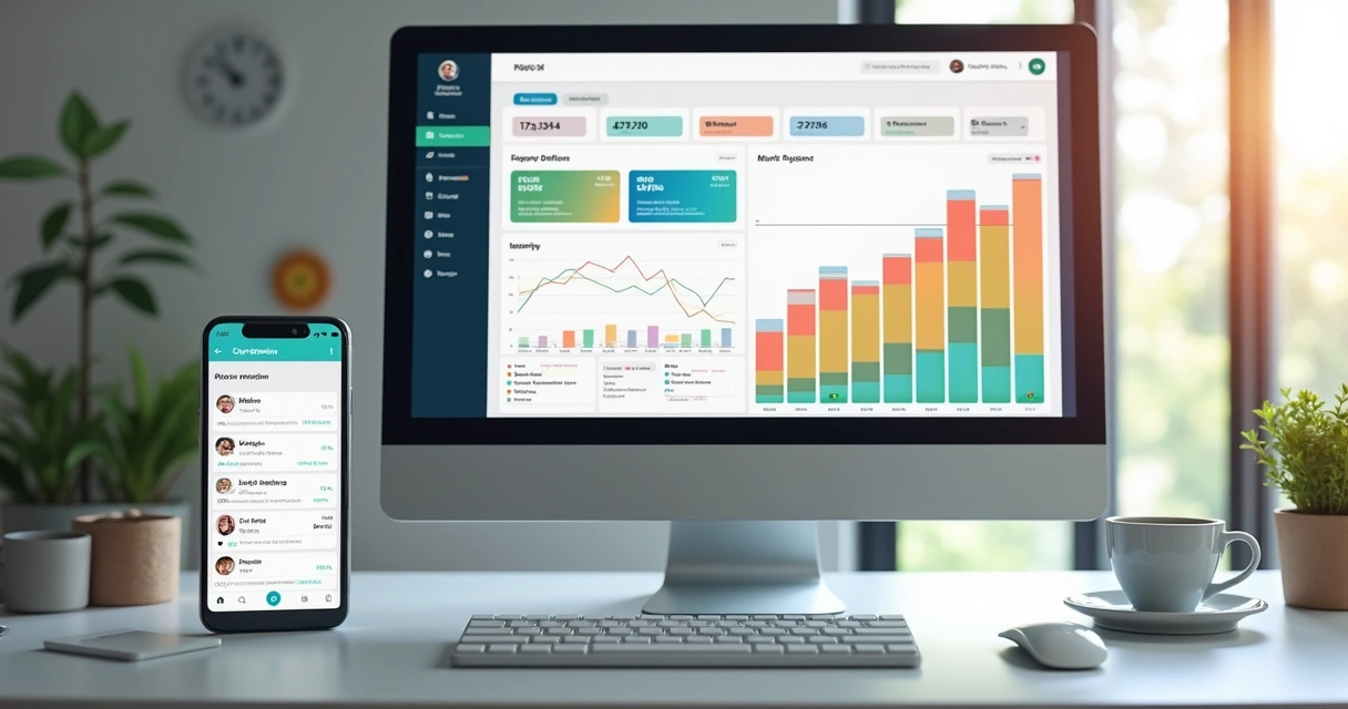 Tela de dashboard financeiro mostrando gráficos coloridos, categorias de gastos e alertas no WhatsApp 