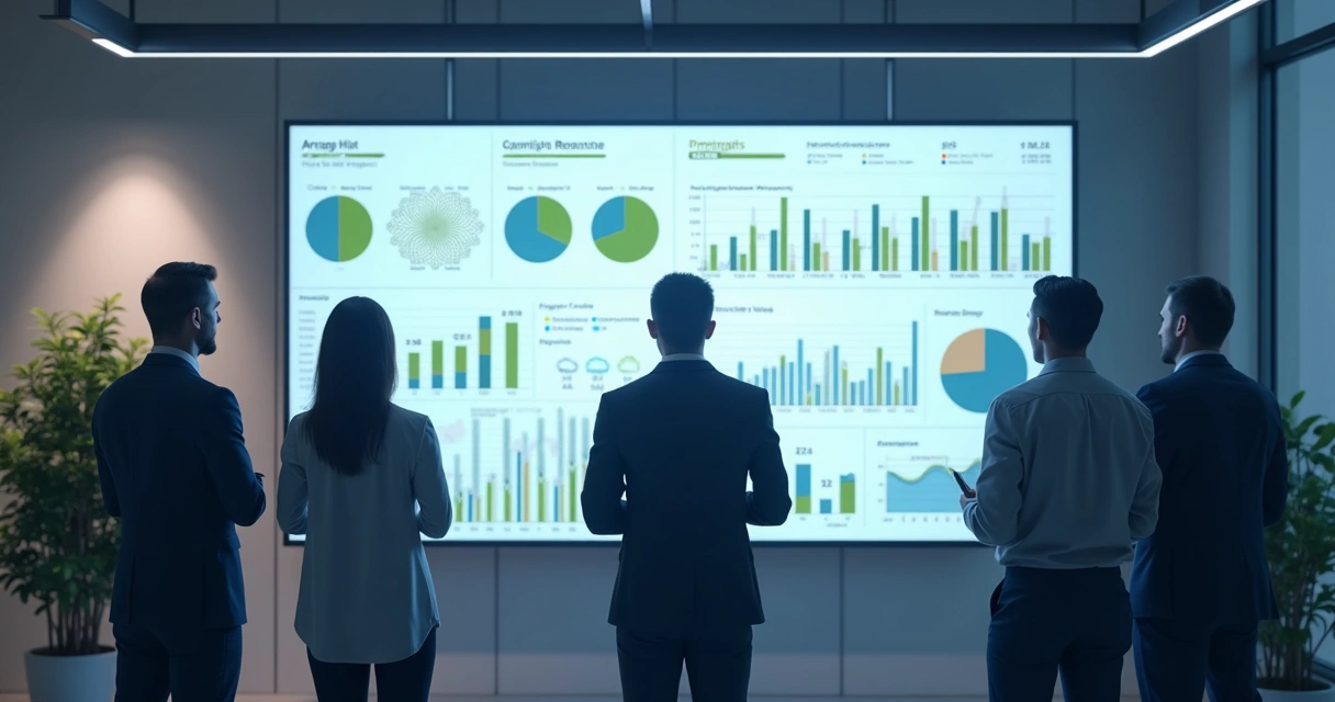 Painel digital com gráficos coloridos de custos em uma tela grande com pessoas ao redor