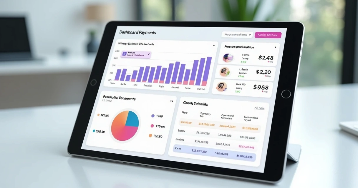 Dashboard digital mostrando painel financeiro de fintech com divisão de valores 
