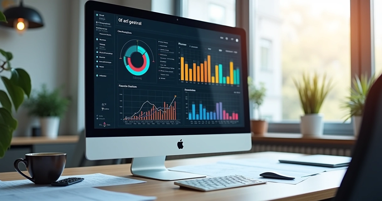Dashboard moderno com gráficos de apuração fiscal e indicadores de riscos em tela de computador
