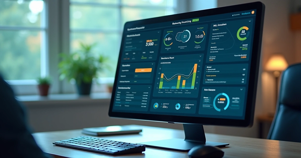 Dashboard de sistema ERP mostrando controle de notas fiscais eletrônicas e gráficos financeiros 