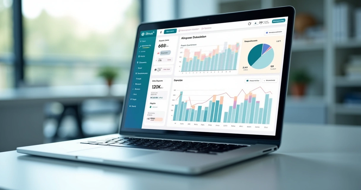 Dashboard financeiro em tela de notebook 
