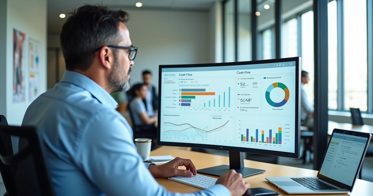 Gestor de clínica analisando painel financeiro digital com gráficos de fluxo de caixa 