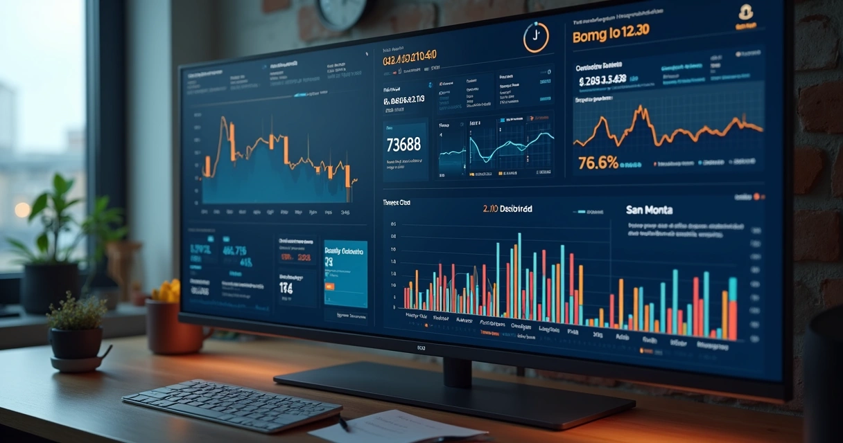 Dashboard de fluxo de caixa com indicadores de receita e despesa em uma tela grande