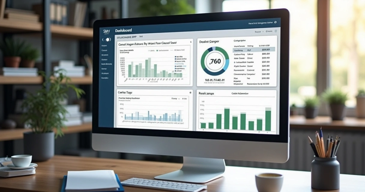 Painel ERP em monitor mostrando fluxo de caixa detalhado 