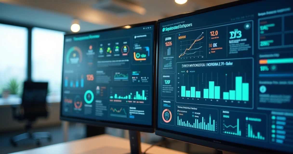 Painel digital com gráficos de processos e fluxos financeiros, tela de computador com dados de automação 