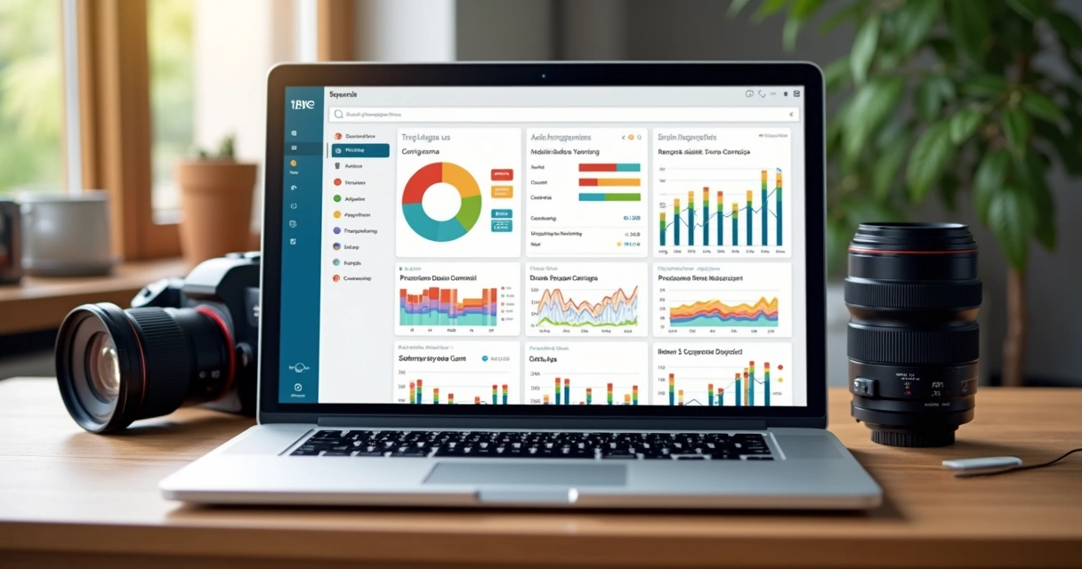 Dashboard mostrando fluxo de trabalho de fotógrafo, com gráficos coloridos e prazos 
