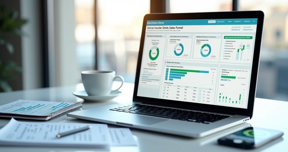 Dashboard de funil de clínica odontológica em notebook 