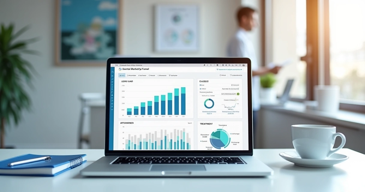 Dashboard de funil de marketing odontológico em notebook 