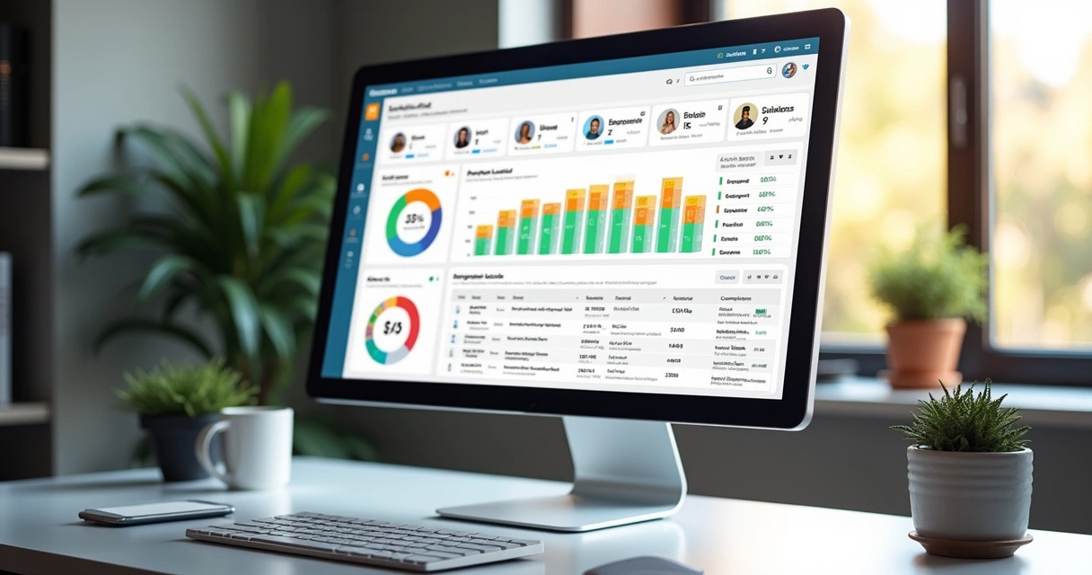 Dashboard de vendas B2B em tela de computador, mostrando etapas do funil e gráficos de desempenho 
