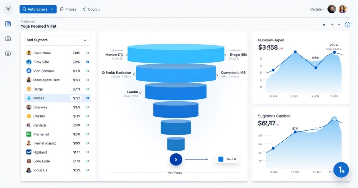 Dashboard azul e branco com gráfico em funil das etapas de vendas, exibe números claros de conversão e tickets