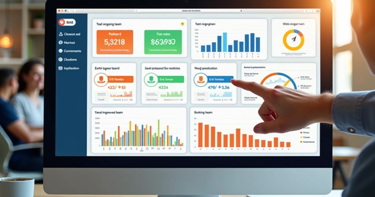 Dashboard digital exibindo gráficos de engajamento de equipe 
