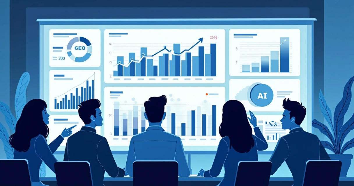 Dashboard digital mostrando métricas de GEO, SEO e IA 