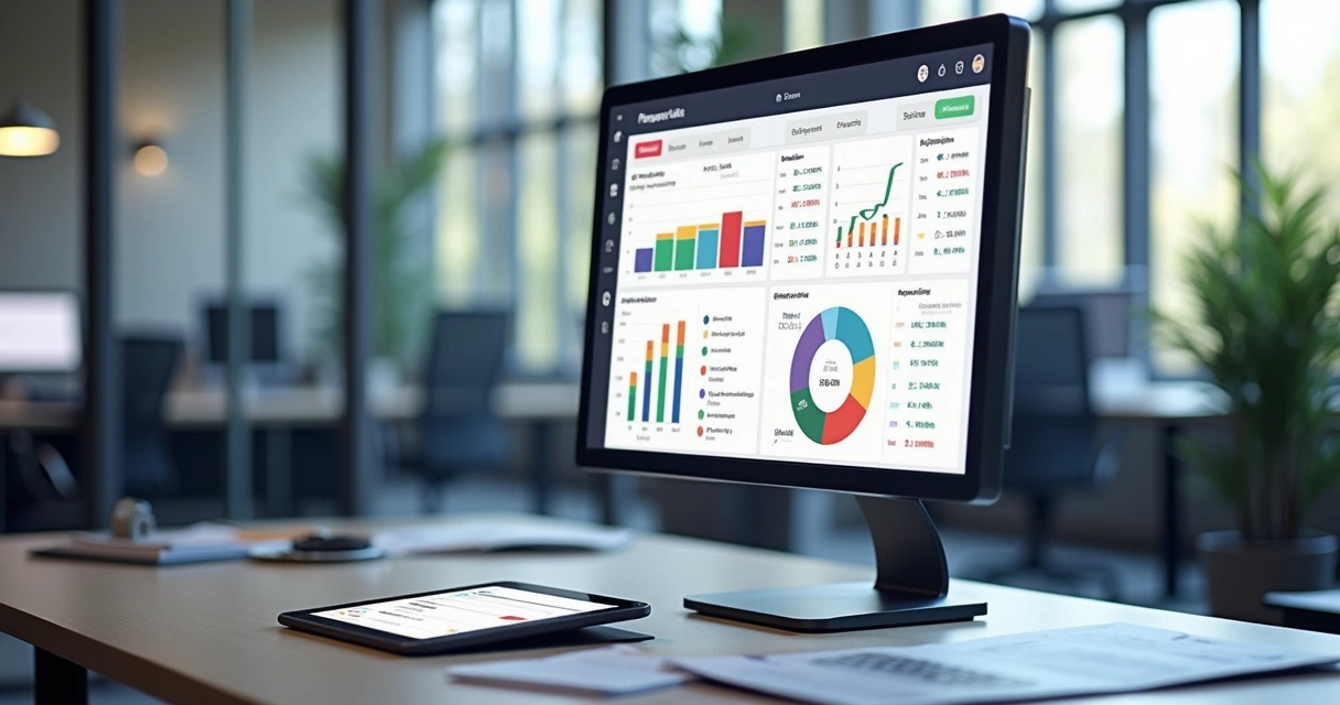 Painel financeiro digital com gráficos em tempo real em tela de computador 