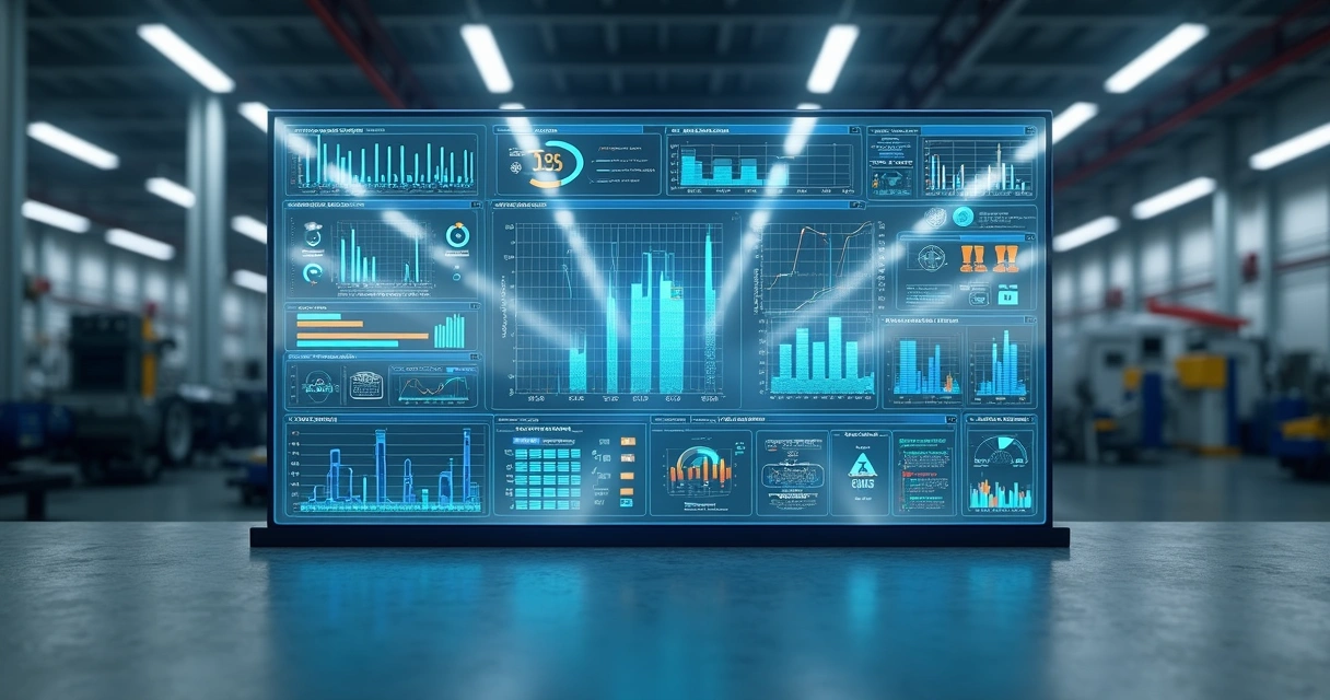 Dashboard de fábrica com métricas e gráficos de desempenho industrial 