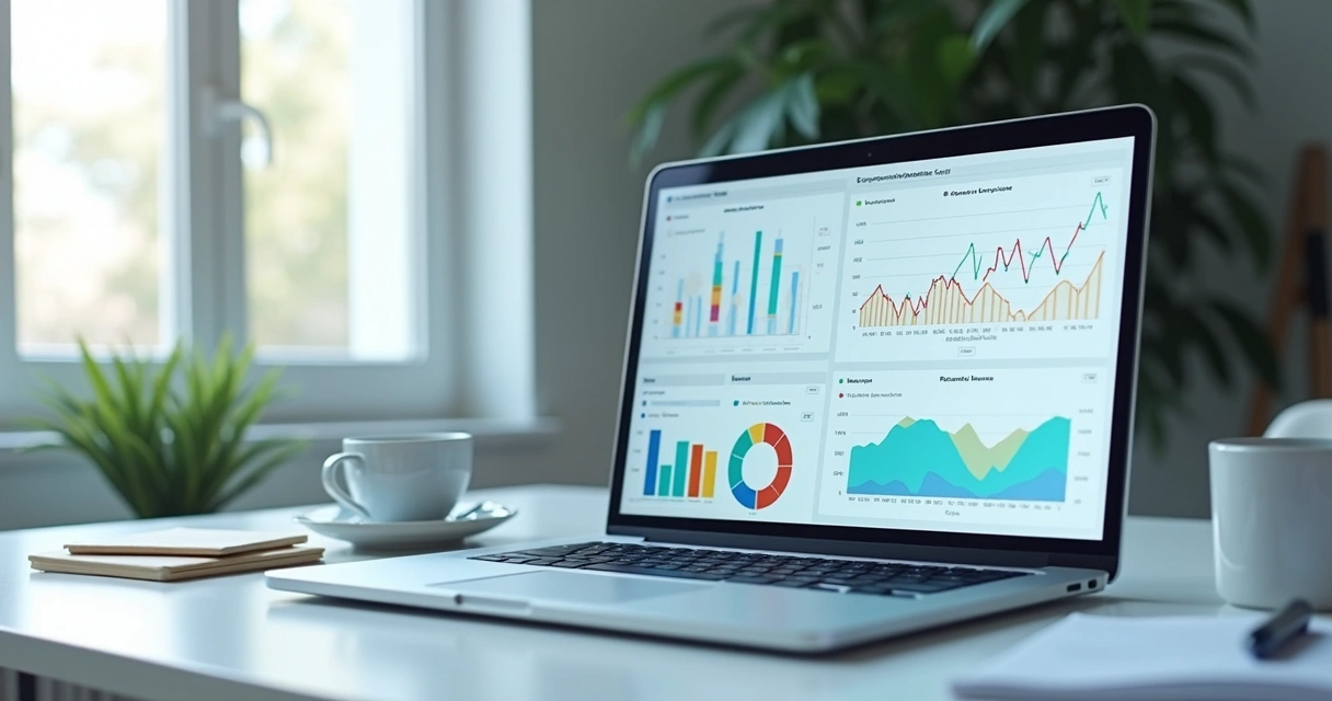 Dashboard gerencial colorido com gráficos em tela de sistema 