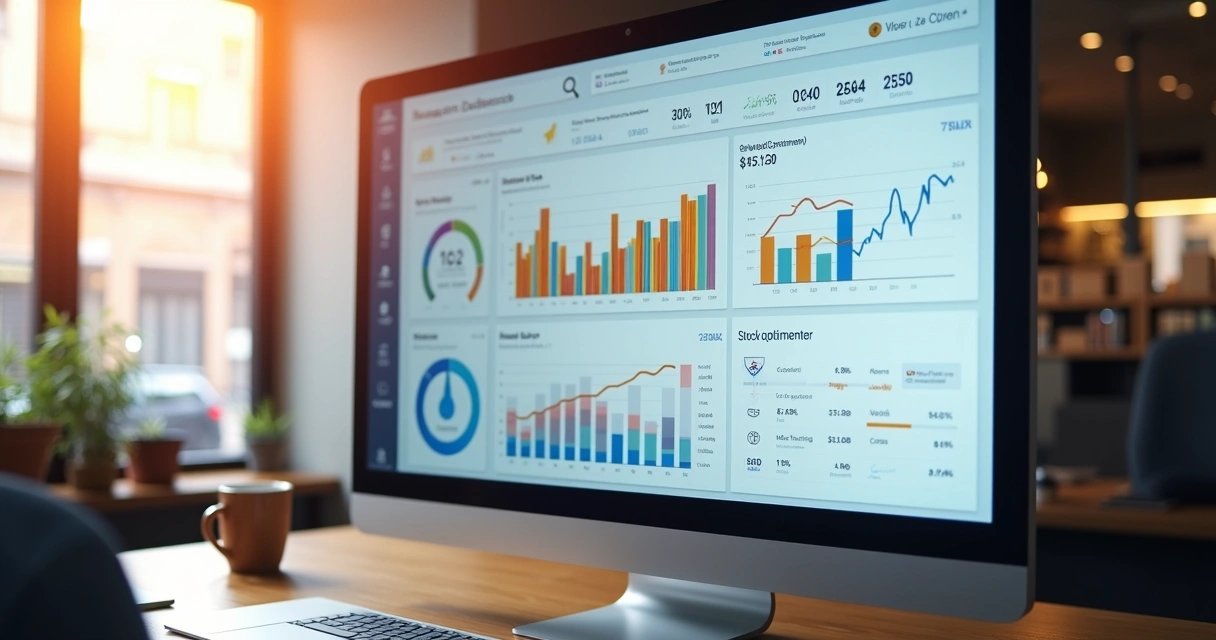 Dashboard digital com gráficos de vendas em loja de varejo 