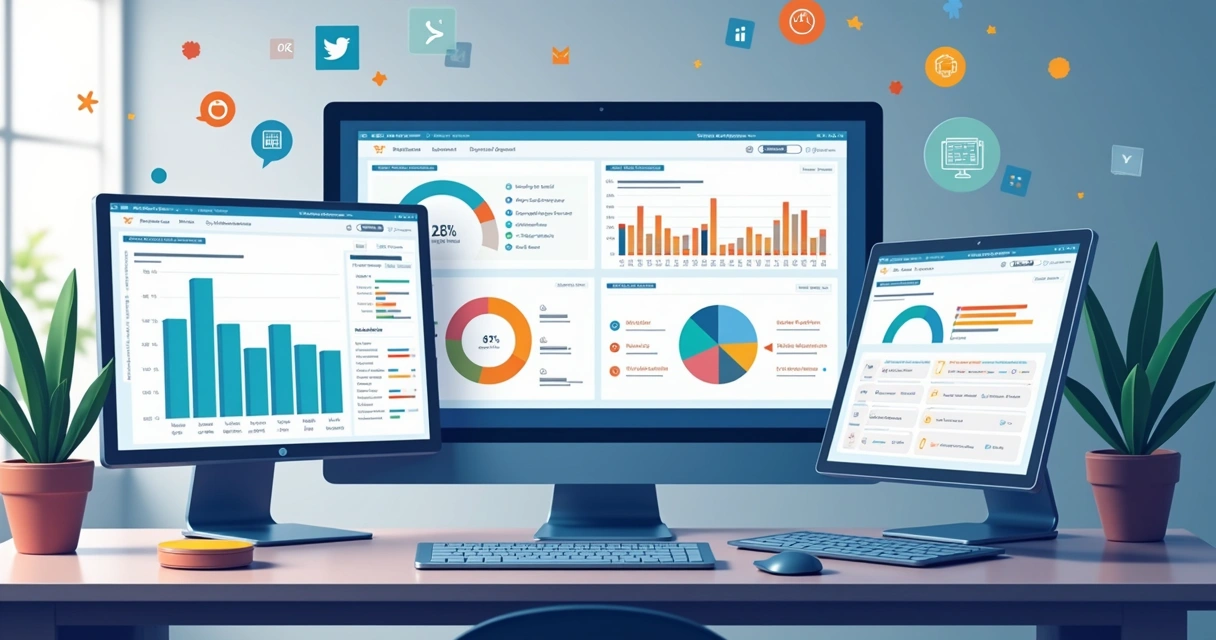 Dashboard de gerenciamento de atualizações com gráficos coloridos, computadores conectados e notificações visíveis 