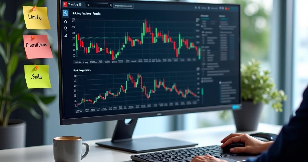 Painel mostrando gráficos de risco e tendências em um computador