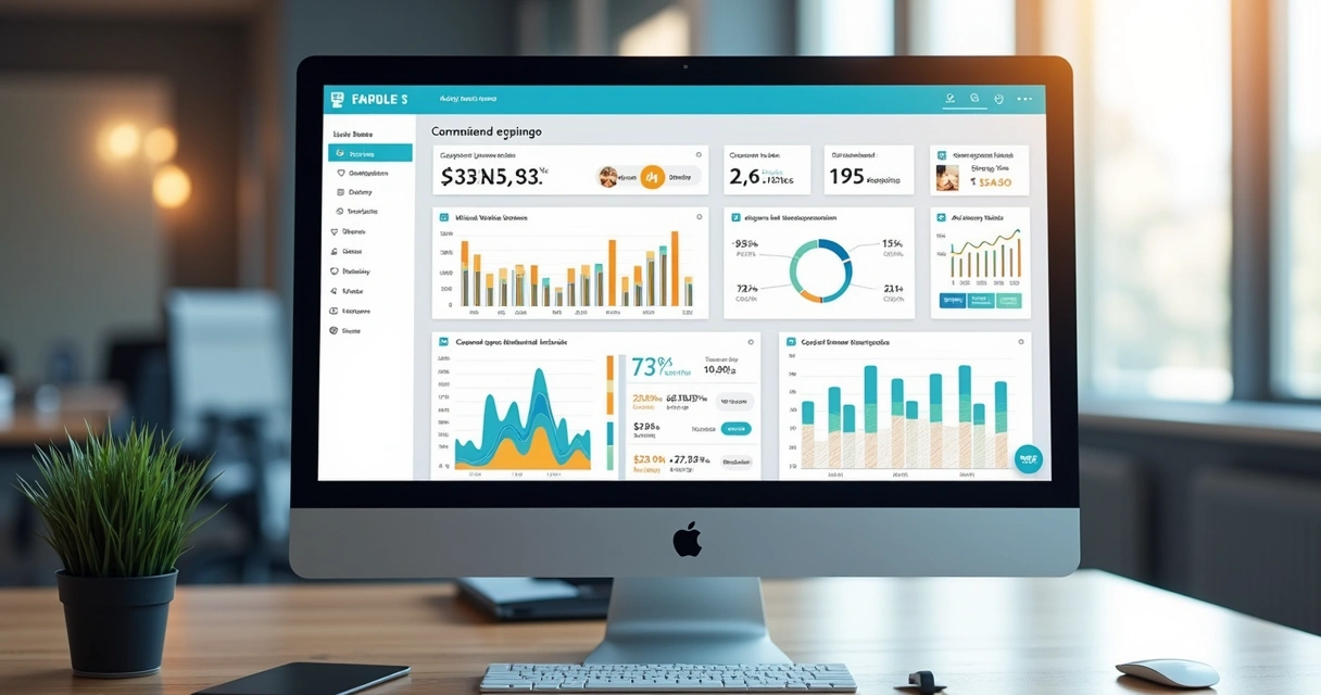 Tela detalhada com dashboard de gestão de afiliados mostrando gráficos, métricas de vendas e cliques em links rastreáveis 