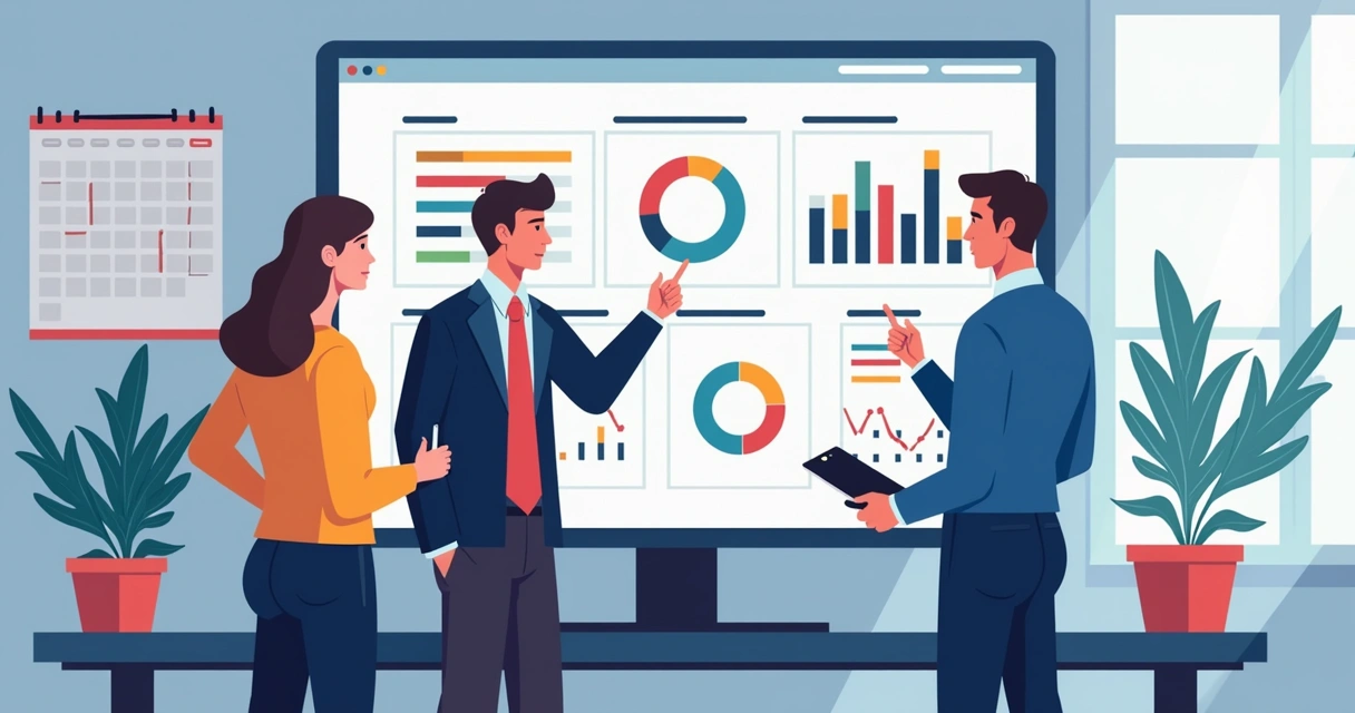 Dashboards coloridos de gestão expostos em tela grande ao fundo 