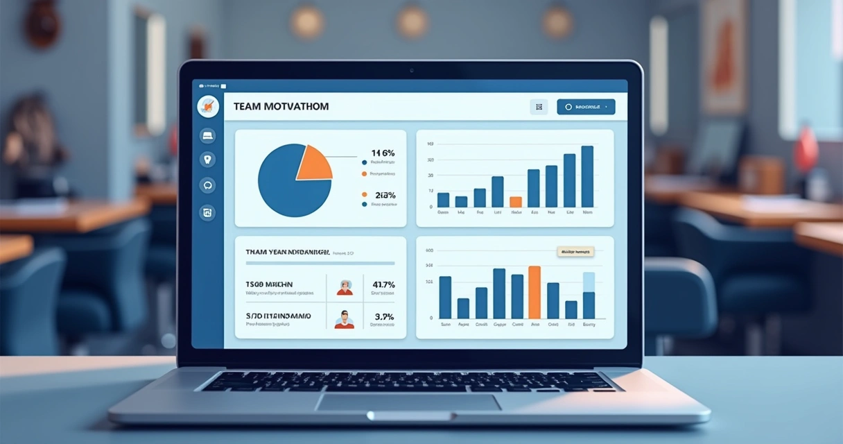 Dashboard digital para gestão de equipe de barbearia exibido em laptop 