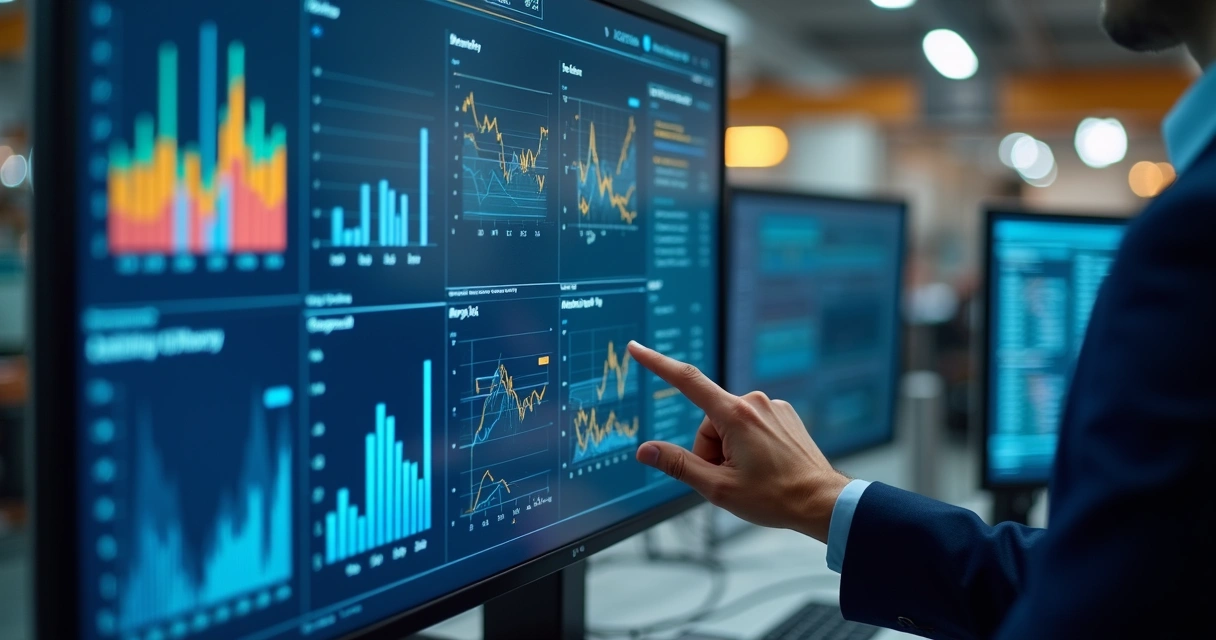 Painel digital de BI com gráficos de vendas, estoque e desempenho em tempo real no setor de e-commerce industrial. 