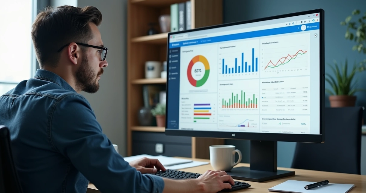 Homem olhando dashboard de gestão de campanhas de anúncios