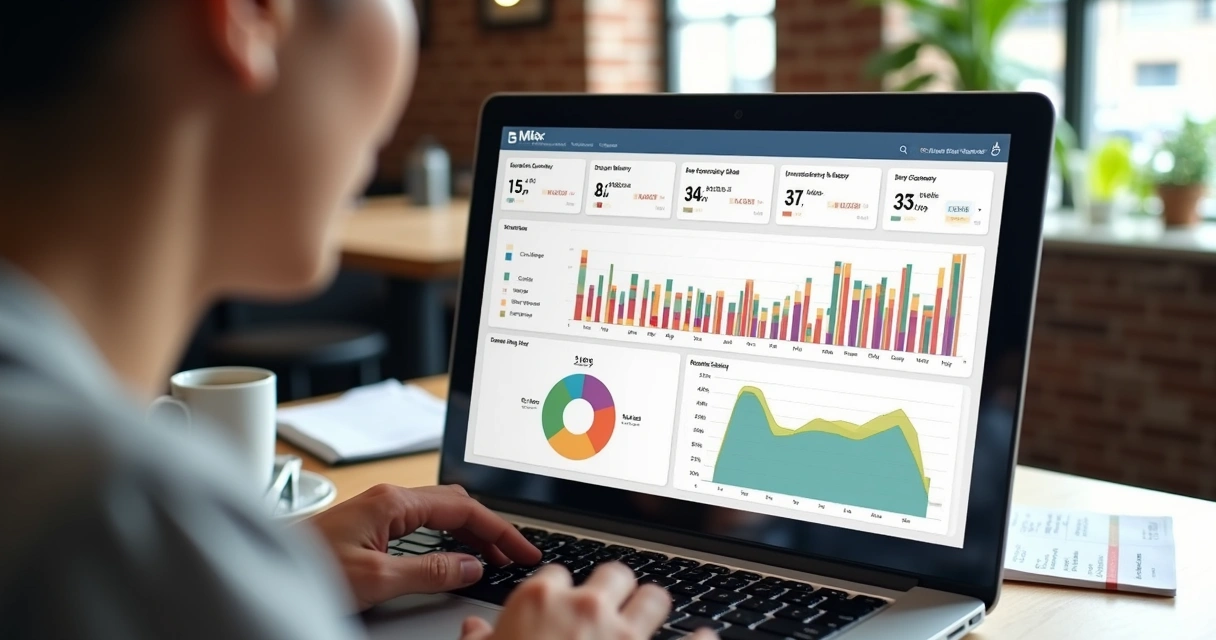 Painel digital de gestão de restaurante mostrando vendas e estoque. 