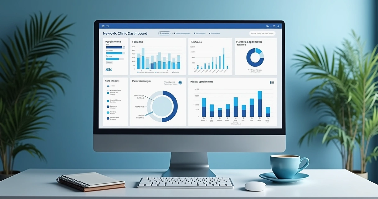 Dashboard digital de clínica odontológica com indicadores em destaque na tela 