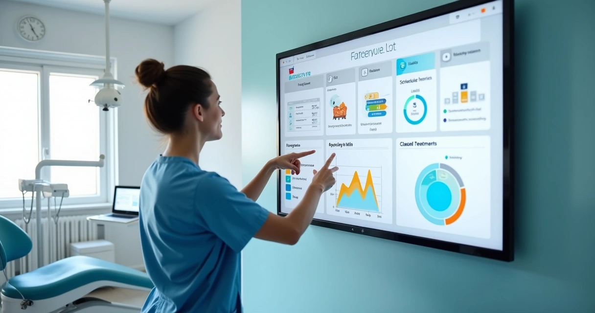 Dashboard digital exibindo métricas de marketing odontológico em tela grande 