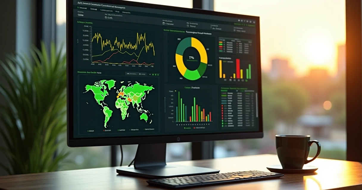 Dashboard digital de gestão comercial agrícola com gráficos e mapas em tela de computador