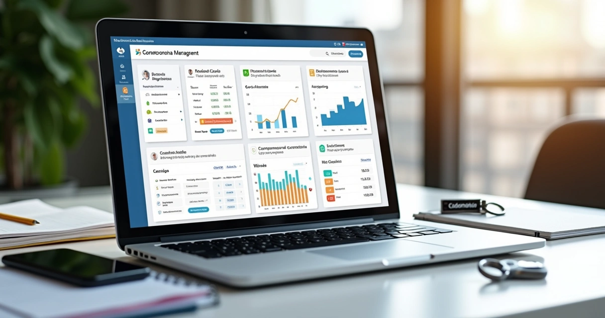 Dashboard digital de gestão condominial em um notebook 